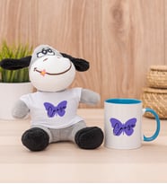 Kişiye Özel Kadına Hediye Kelebek Tasarım İsimli Peluş Eşek ve Mavi Kupa
