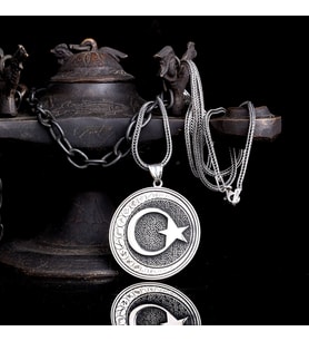 925 AYAR GÜMÜŞ AYYILDIZ MODEL TÜRK BOYLARI YAZILI MADALYON KOLYE