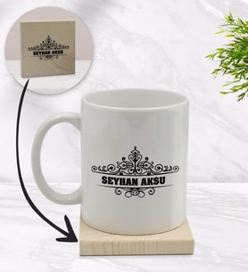BK Gift Kişiye Özel İsimli Beyaz Kupa Bardak ve Ahşap Bardak Altlığı Hediye Seti - Model 32