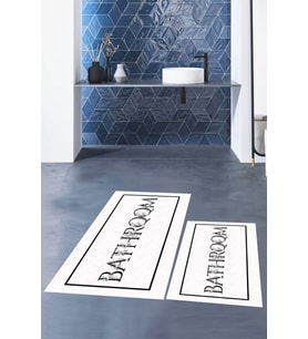EVDEYA Baskılı Yıkanabilir Çerçeveli Bathroom Yazılı Banyo Paspası Klozet Takımı, KLOZET-6-BEYAZ, (Beyaz)