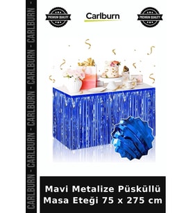 Mavi Metalize Püsküllü Masa Eteği 75 x 275 cm Metalik Dekor Yılbaşı Süsü Eğlence Aksesuarı