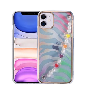 Apple iPhone 12 Kılıf Pilla Renkli Kalp Desenli Tutacak Kılıf (Yeşil-Pembe)