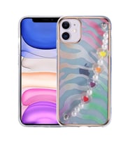Apple iPhone 12 Kılıf Pilla Renkli Kalp Desenli Tutacak Kılıf (Yeşil-Pembe)