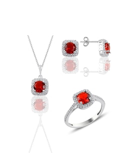 Söğütlü Silver Gümüş rodyumlu kırmızı taşlı kare üçlü set