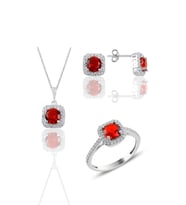 Söğütlü Silver Gümüş rodyumlu kırmızı taşlı kare üçlü set
