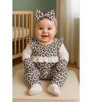 kız bebek leopar desenli 0-3 ay 5 li set %100 pamuk (Ekru)