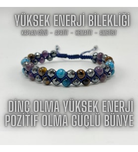 SERTİFİKALI Yüksek Enerji Bilekliği - Kaplan Gözü - Apatit - Hematit - Ametist