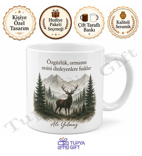 Geyik Temalı Doğa Sever Baskılı Kupa Bardak Hediye Porselen Mug