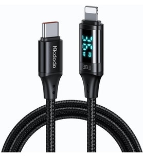 Ca-1030 36W Type-C To Lightning Dijital Göstergeli Data-Şarj Kablosu 1.2M, Siyah