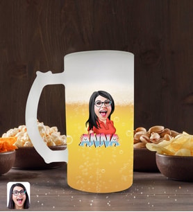 BK Gift Kişiye Özel İsimli Kadın Karikatürlü Buzlu Cam Bira Bardağı 50cl-1 (Beyaz)