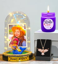 Kişiye Özel Led Işıklı Fanus, Kokulu Mum ve Gerçek Ametist Taşlı Anka Kuşu Kolye (Model 10)