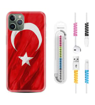 Apple iPhone 11 12 13 14 Pro Max Kılıf Kablo Koruma Spiral Silikon Şanlı Türk Bayrağı 4 1401