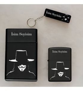 V for Vandetta Desenli İsimli Çakmak,Metal Tabaka ve Anahtarlık Hediye Seti S38