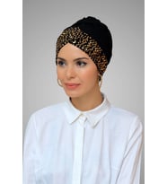 Siyah-Gold Pratik Hazır Geçmeli Tesettür Bone Sandy Kumaş Pullu Tek Çapraz 1907_102