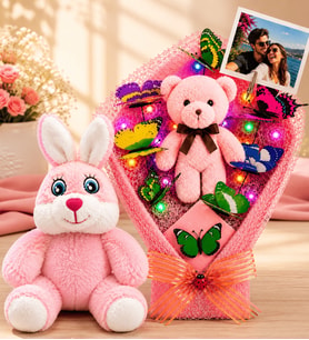 Fotoğraflı Pembe Ayıcıklı RENKLİ LED Işıklı Kelebek Buketi ve Peluş Tavşan Sevgiliye Hediye