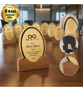 Logonuza Özel 5 Adet Mesajlı Büyük Royal Ahşap Plaket Altın Renk Metalli
