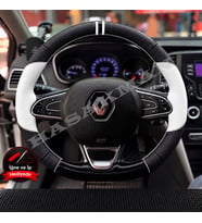 Renault Clio 5 Dikme Direksiyon Kılıfı Delikli Deri Parlak Siyah Beyaz Detay Çift Yüzük ve Dikiş 2019-2024