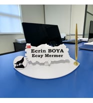 Sümen Ofis Doğal Beyaz Mermer İsimlik Haritalı Gold Tek Kalem ve Kurt Figürü