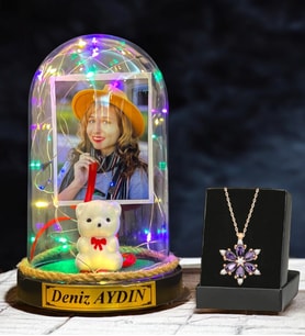Size Özel Renkli Led Işıklı Fanus ve Gerçek Ametist Taşlı Lotus Kolye - Premium Hediye Seti (Model 1)