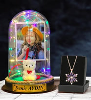 Size Özel Renkli Led Işıklı Fanus ve Gerçek Ametist Taşlı Lotus Kolye - Premium Hediye Seti (Model 1)