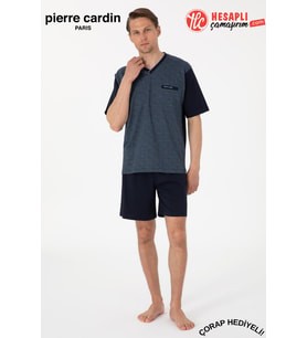 Pierre Cardin Paris Premium Erkek V Yaka Jakarlı %100 Pamuklu Kısa Kollu Şortlu Kutulu 3'lü Pijama Takım
