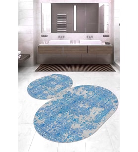Dijital Baskılı Kaymaz Taban Yıkanabilir Oval 2'li Klozet Takımı Banyo Paspası NOKZ-HT-991 (Mavi)