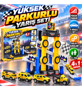 Yüksek Parkurlu 4'ü 1 Arada Yarış Seti – 4 Araçlı, Rampalı ve Engelli Pist, 3+ Yaş