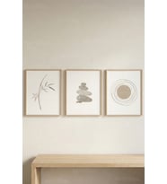 Zen Botanik & Geometrik 3’lü Ahşap Çerçeveli Tablo Seti – Minimal Modern Duvar Dekoru