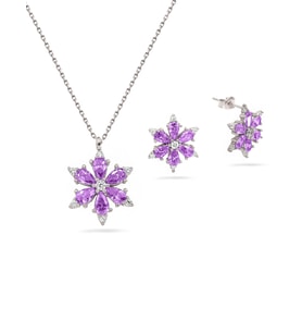 925 Ayar Lotus Çiçeği Ametist Taşlı Kadın Gümüş Kolye Küpe Set