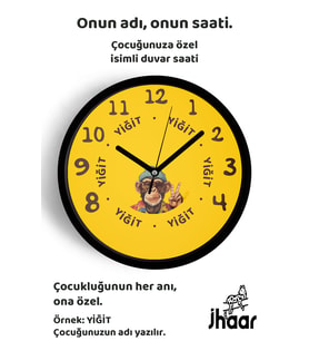 İsme Özel Cool Maymun Çocuk Odası Duvar Saati Orta Boy 30 cm Siyah Camlı Sessiz