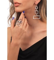 Kadın Antik Gümüş Kaplama Geometrik Model Sallantılı Küpe & Yüzük Seti
