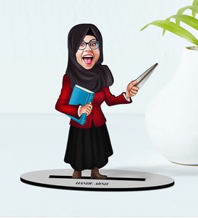 BK Gift Kişiye Özel Tesettürlü Kadın Öğretmen Karikatürlü Ahşap Biblo Model-2
