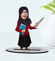 BK Gift Kişiye Özel Tesettürlü Kadın Öğretmen Karikatürlü Ahşap Biblo Model-2