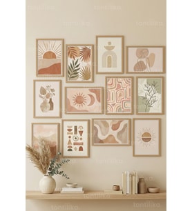 12 Parça Boho Botanik Geometrik 2 Renk Seçenekli Çerçeve Görünümlü Tablo Seti