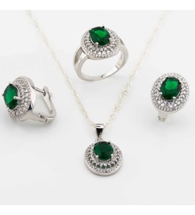 925 Ayar Gümüş Yeşil Zirkon Taşlı Oval Model Bayan Set