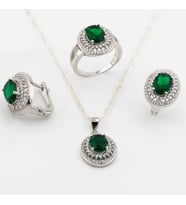 925 Ayar Gümüş Yeşil Zirkon Taşlı Oval Model Bayan Set