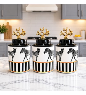 Baharatlık Silindir Seramik Büyük Boy Kapaklı 3 lü Kahve Köşesi Seti Zebra At Desen 750 ml Hacimli Gold