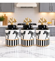 Baharatlık Silindir Seramik Büyük Boy Kapaklı 3 lü Kahve Köşesi Seti Zebra At Desen 750 ml Hacimli Gold