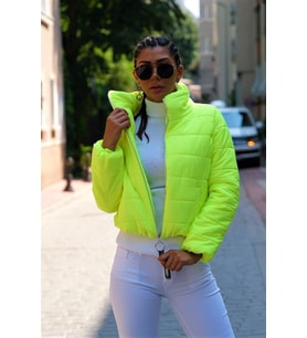 Markano Neon Yeşil Dik Yaka Su Geçirmez Kısa Şişme Mont