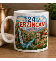 24 Erzincan Şelale Dağ ve Taş Köprü Temalı Memleket Baskılı Seramik Kupa