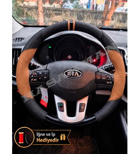 Kia Sportage SL Dikme Direksiyon Kılıfı Delikli Deri Parlak Siyah Taba Detay Çift Yüzük ve Dikiş 2010-2015