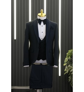 Slimfit Armürlü Şal Yaka Yelekli Papyonlu Smokin Takım Elbise (Lacivert)