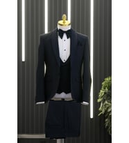 Slimfit Armürlü Şal Yaka Yelekli Papyonlu Smokin Takım Elbise (Lacivert)