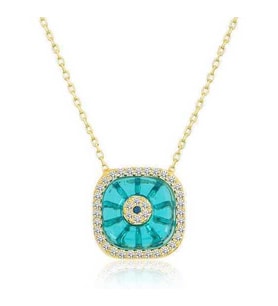 Gümüş Gold Kare Camgöz Nazar Bayan Kolye SL3952