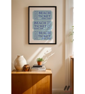 Beach Ticket Retro Poster, Siyah Çerçeveli Duvar Tablosu - Huzurlu Ev Dekorasyonu
