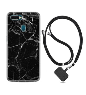 Oppo A5S A15 A16 A54 A55 A73 A74 Kılıf Boyun Askılı Silikon Fragile Black Mermer 1378