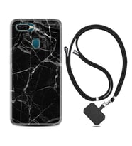 Oppo A5S A15 A16 A54 A55 A73 A74 Kılıf Boyun Askılı Silikon Fragile Black Mermer 1378
