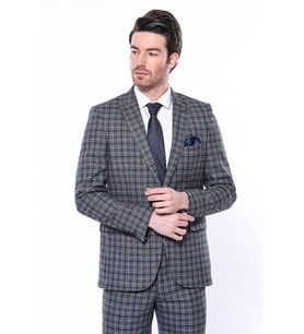 Ekose Slim Fit Lacivert Erkek Ceket - Wessi