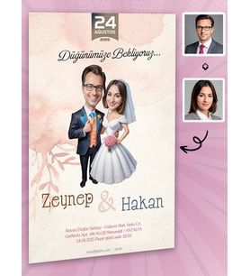 Karikatürlü Kişiye Özel Düğün Nişan Kına Davetiyesi 50 Adet Beyaz Zarflı 7008