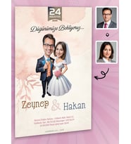 Karikatürlü Kişiye Özel Düğün Nişan Kına Davetiyesi 50 Adet Beyaz Zarflı 7008
